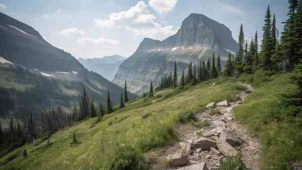 Ösvény a természetben, hegyek és fák a háttérben